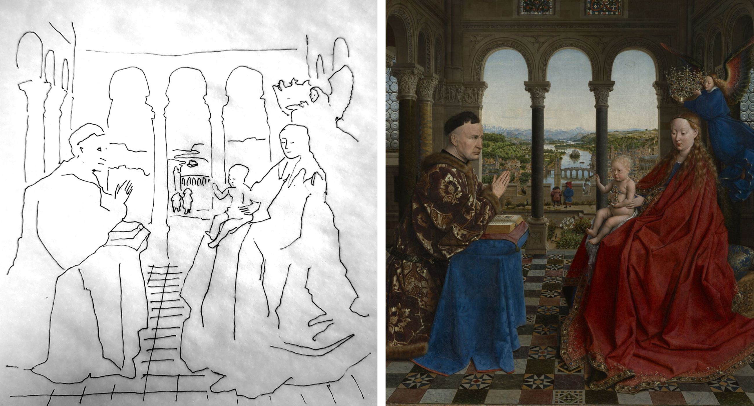 My tracing beside Van Eyck's La Vierge du chancelier Rolin (The Virgin of Chancellor Rolin)