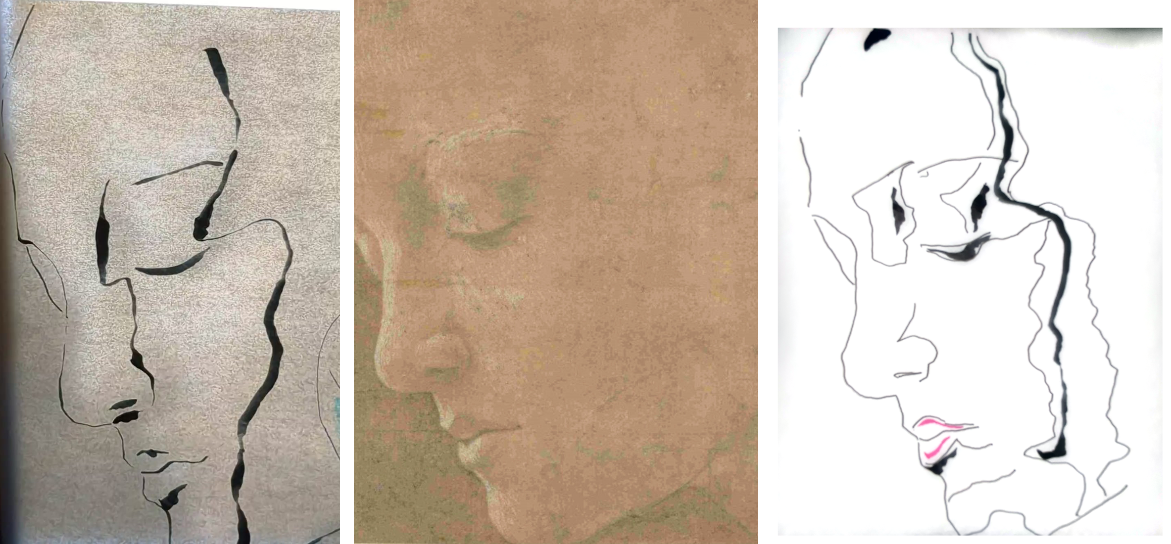 My two tracings either side of Botticelli's Head of a Woman in Near Profile Looking Down to the Left