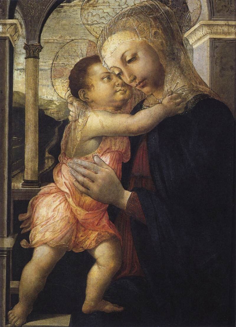 Botticelli's Madonna della Loggia, the same lowered head cheek to cheek with the Child
