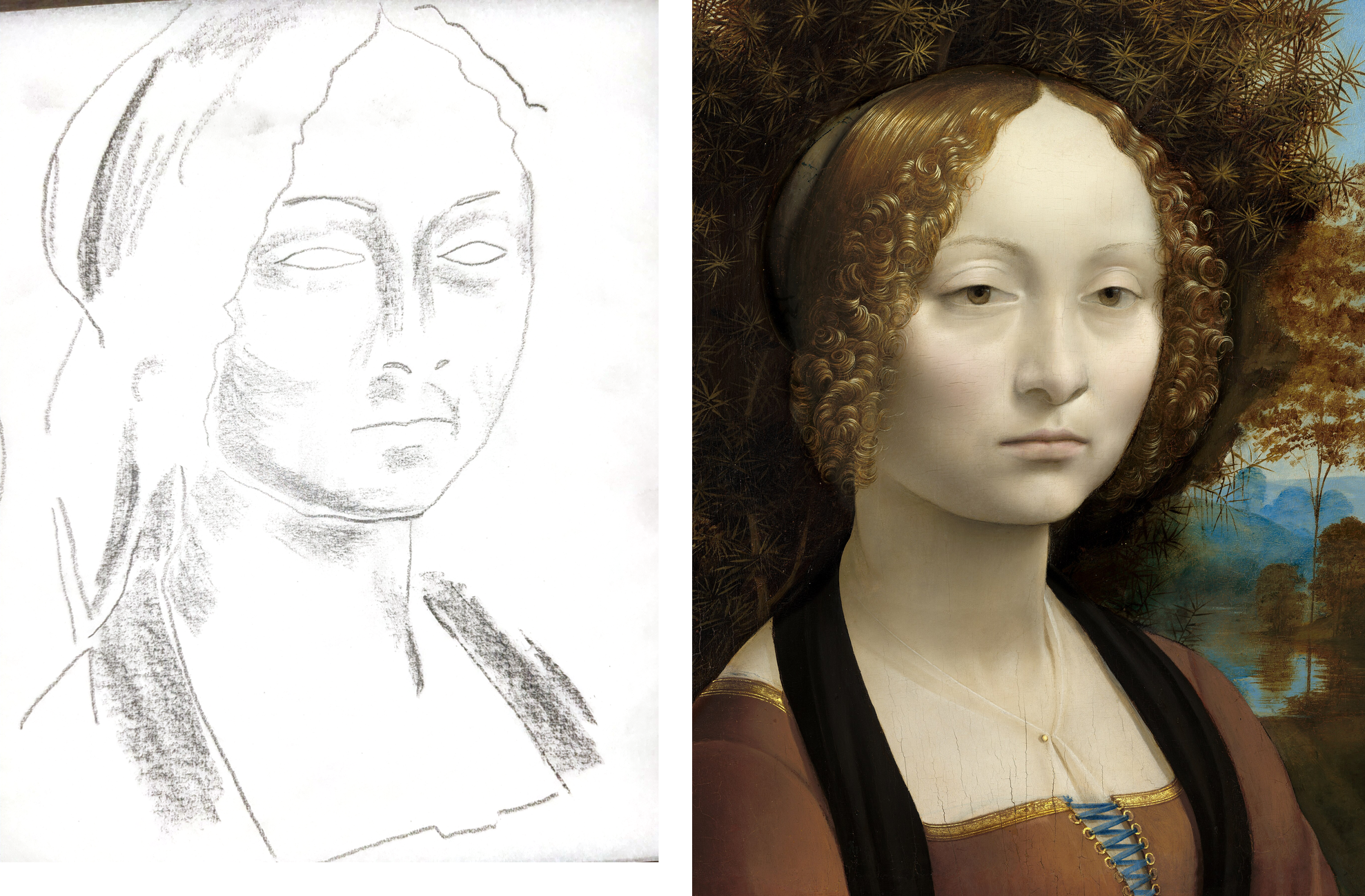 My tracing beside Leonardo's Ginevra de' Benci