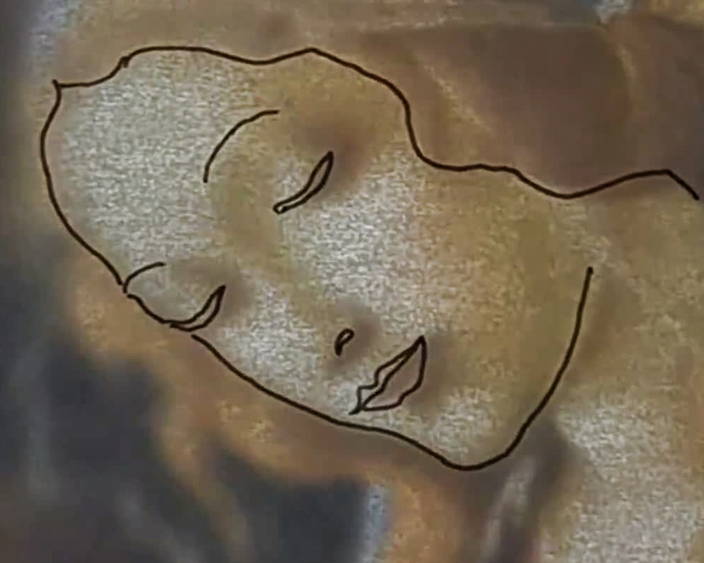 The face alone, partway through, before the veil and the halo