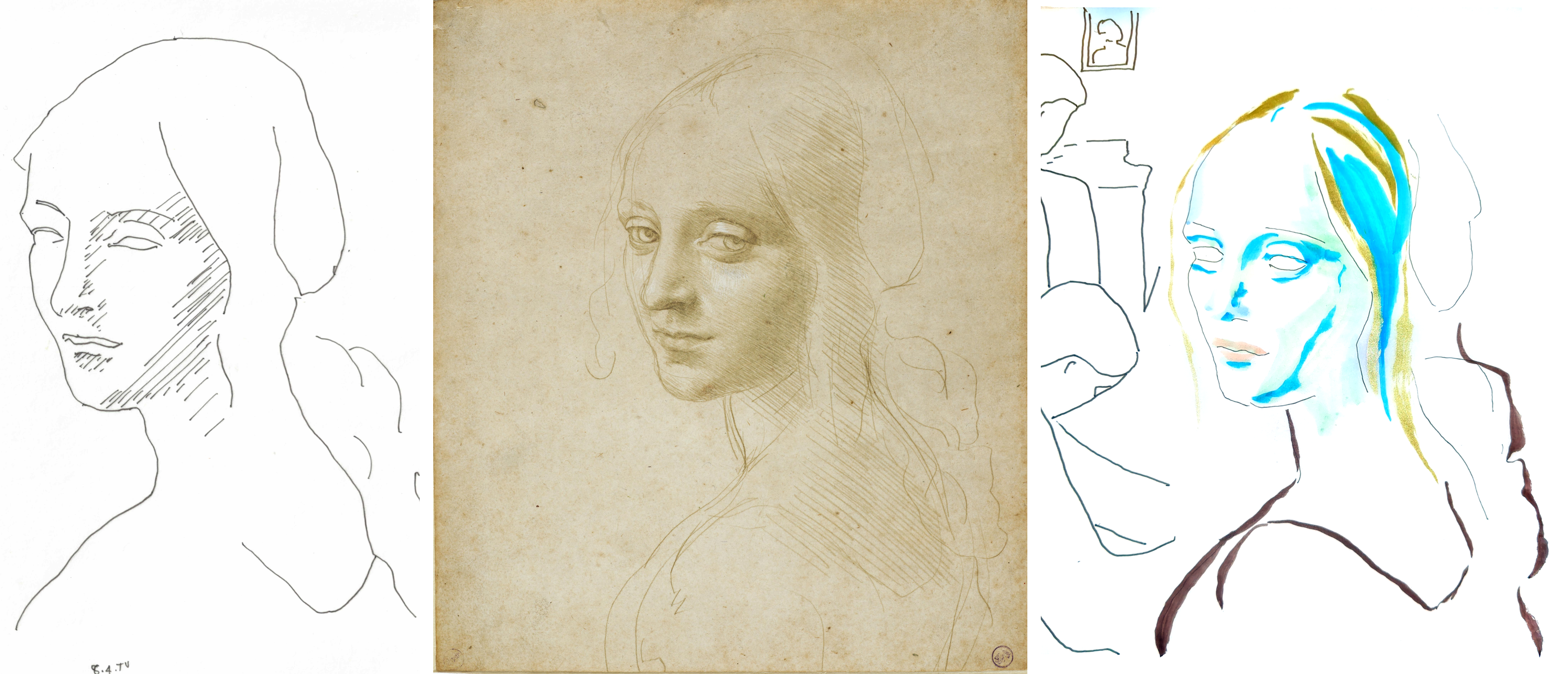 My two tracings either side of Leonardo's Volto di fanciulla