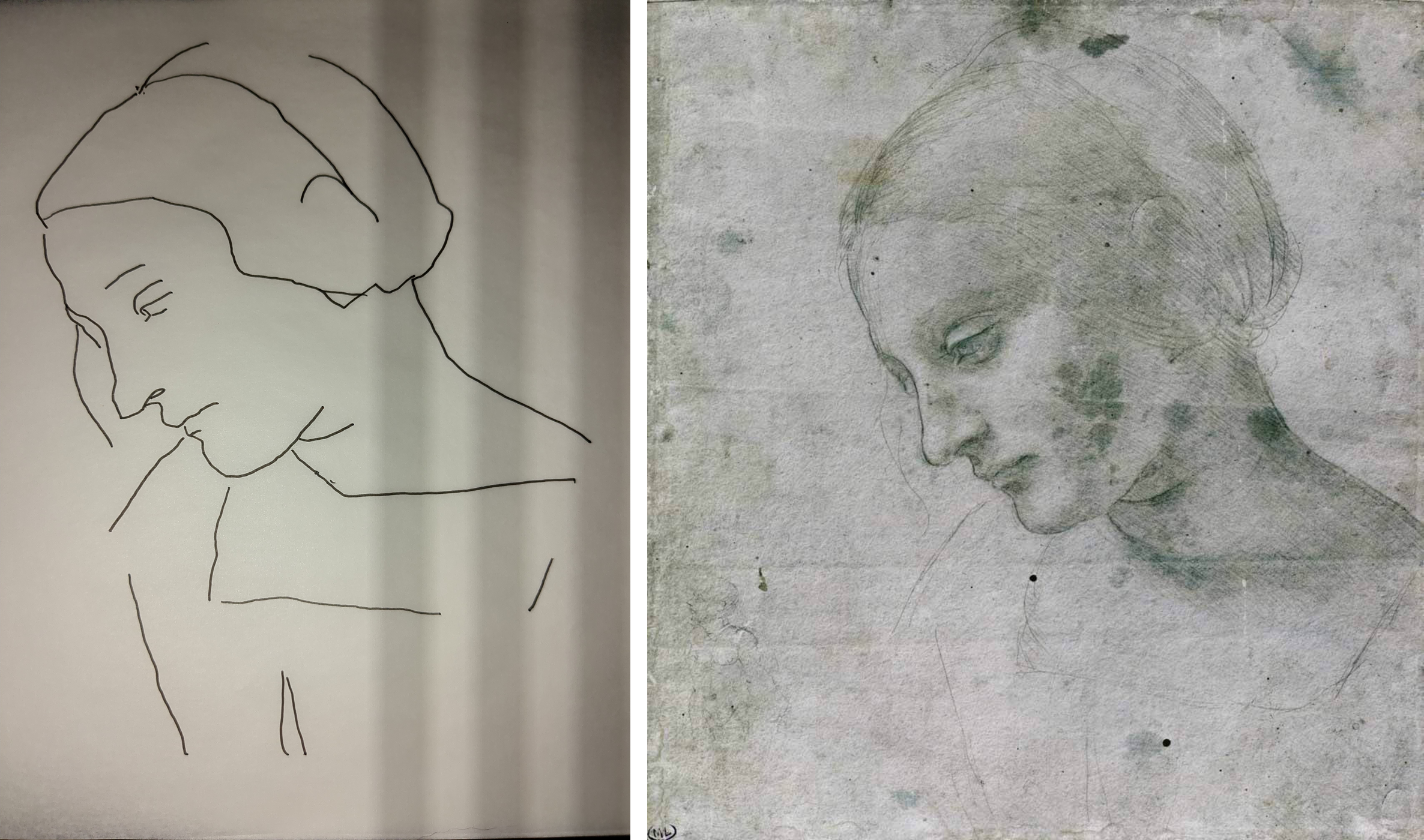 My tracing beside Leonardo's Tête de femme presque de profil