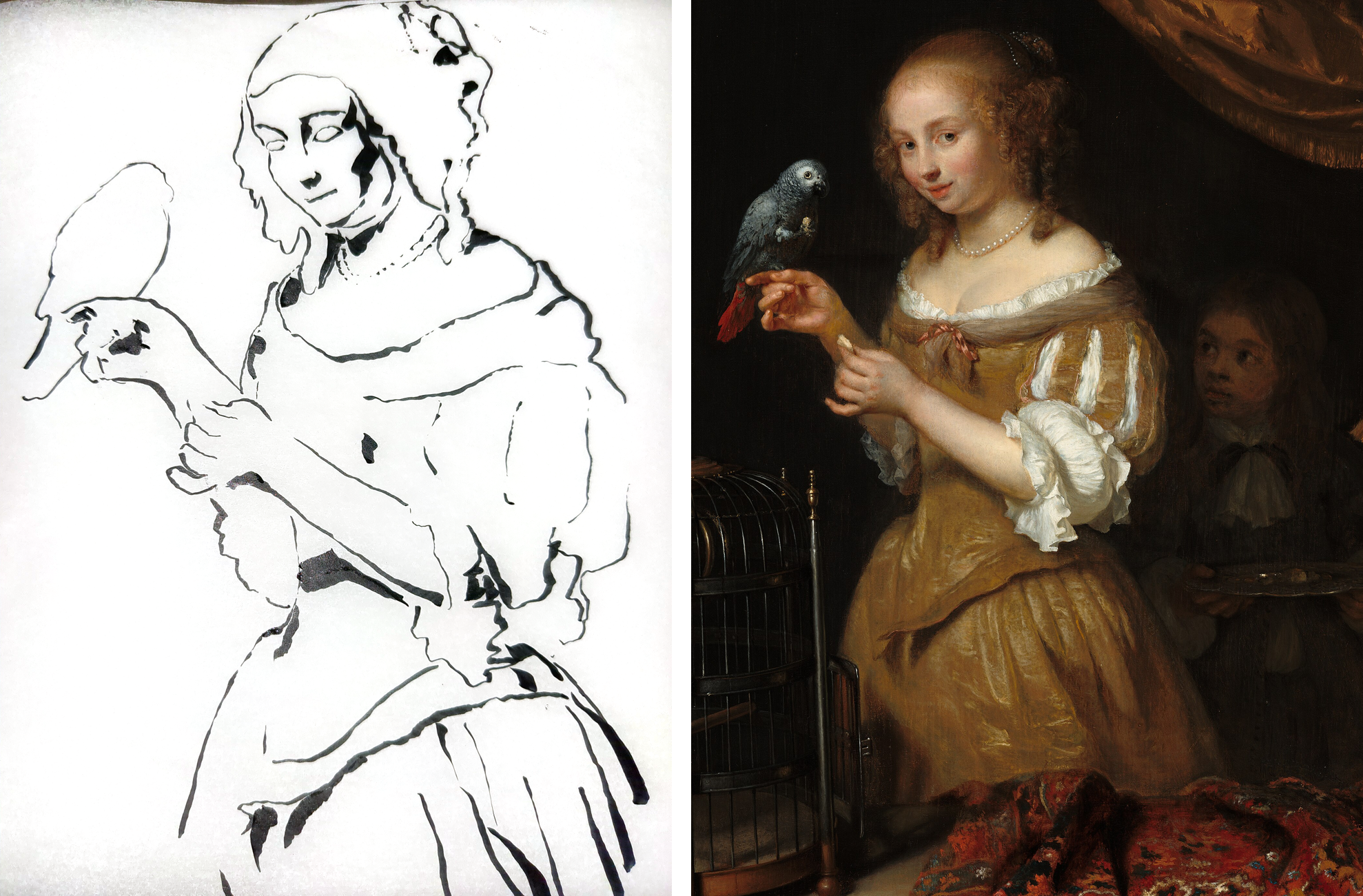 My tracing beside Netscher's A Woman Feeding a Parrot, with a Page