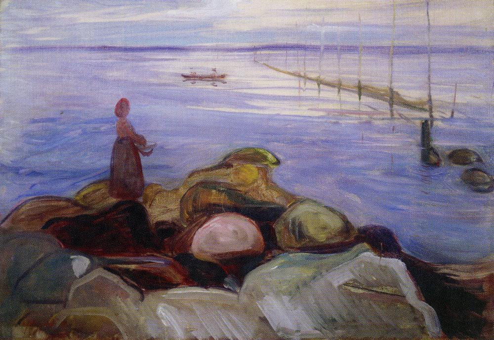 Munch's Kvinne ved fjorden i Åsgårdstrand: a small woman on the rocks before a wide pale sea