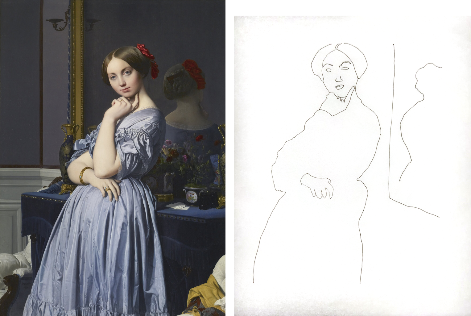 Ingres, Comtesse d'Haussonville, 1845, beside the first tracing of the study, in line