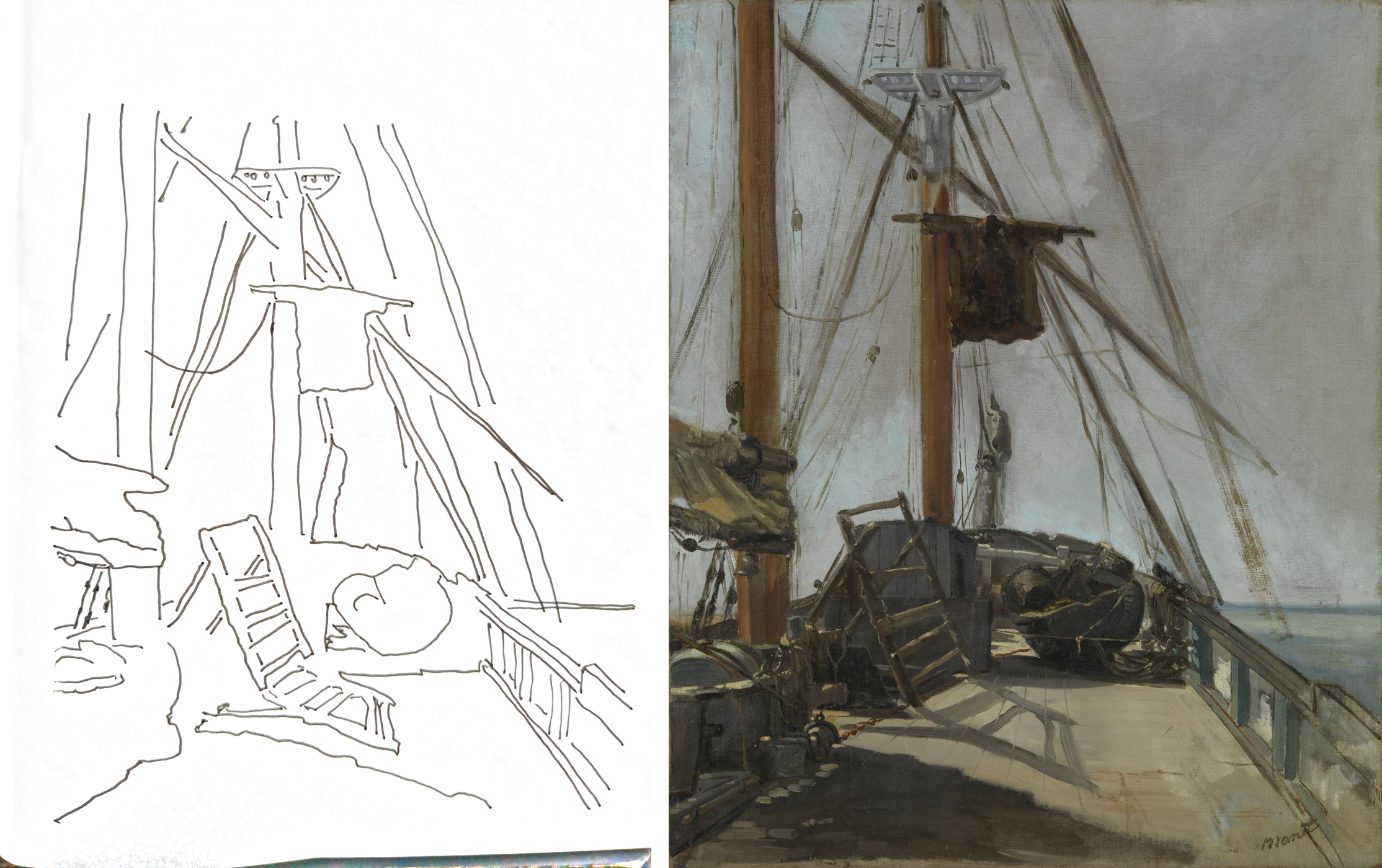 My tracing beside Édouard Manet's The Ship's Deck