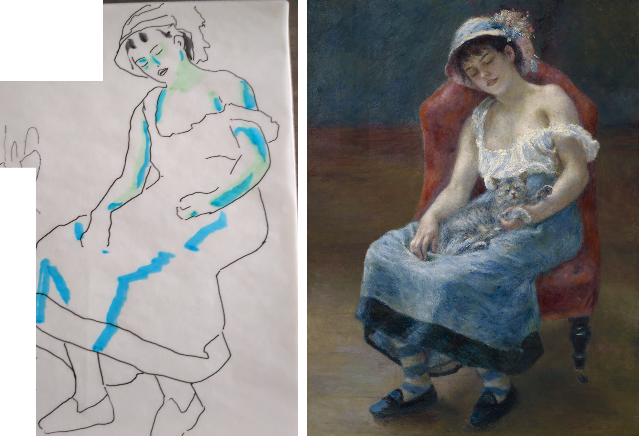 My tracing beside Renoir's Jeune Fille endormie (Sleeping Girl with a Cat)