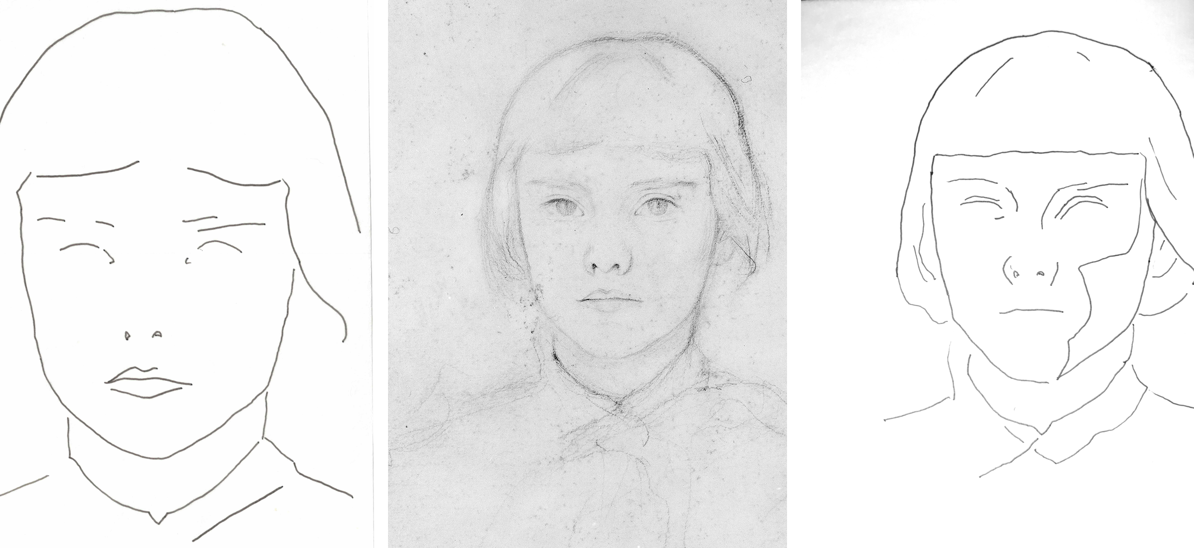 Two tracings of the same drawing, two and a half months apart, flanking John Singer Sargent's Violet Sargent