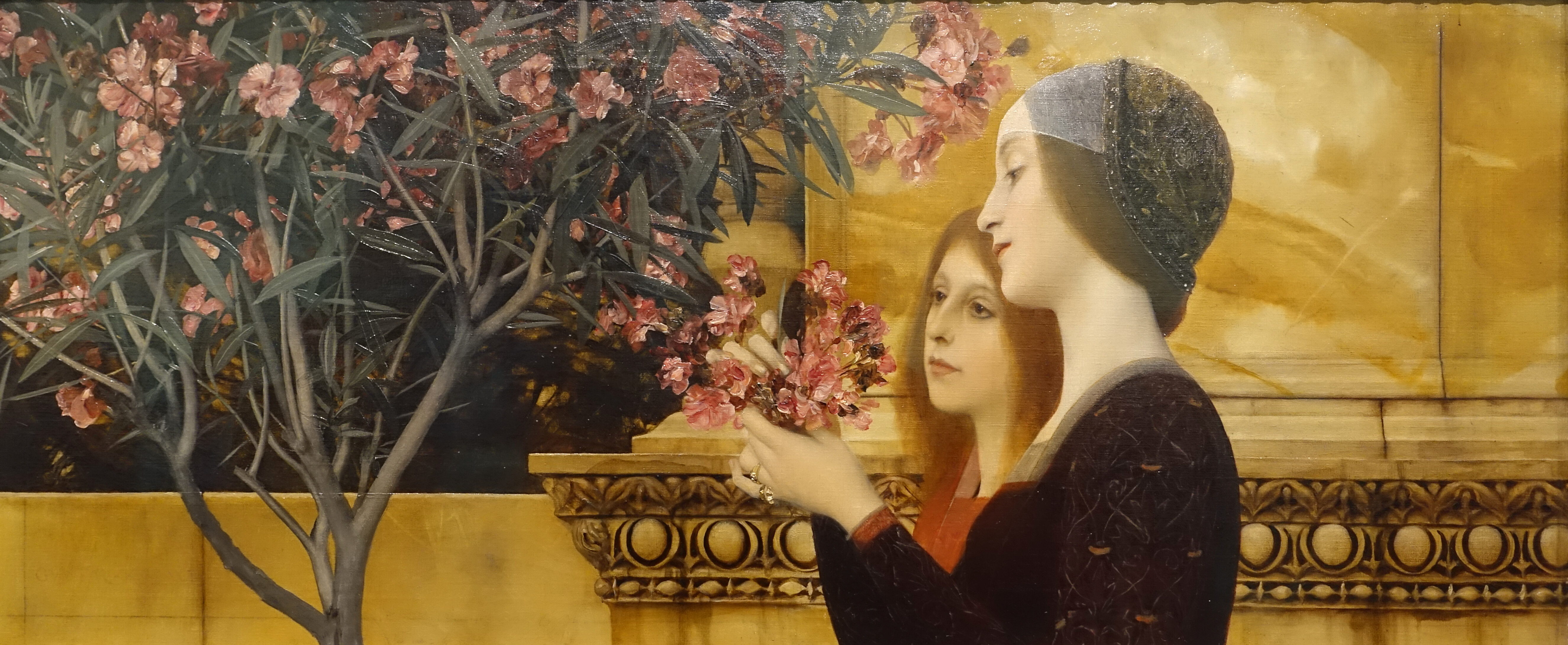 Klimt's Zwei Mädchen mit Oleander, full painting, frame cropped out