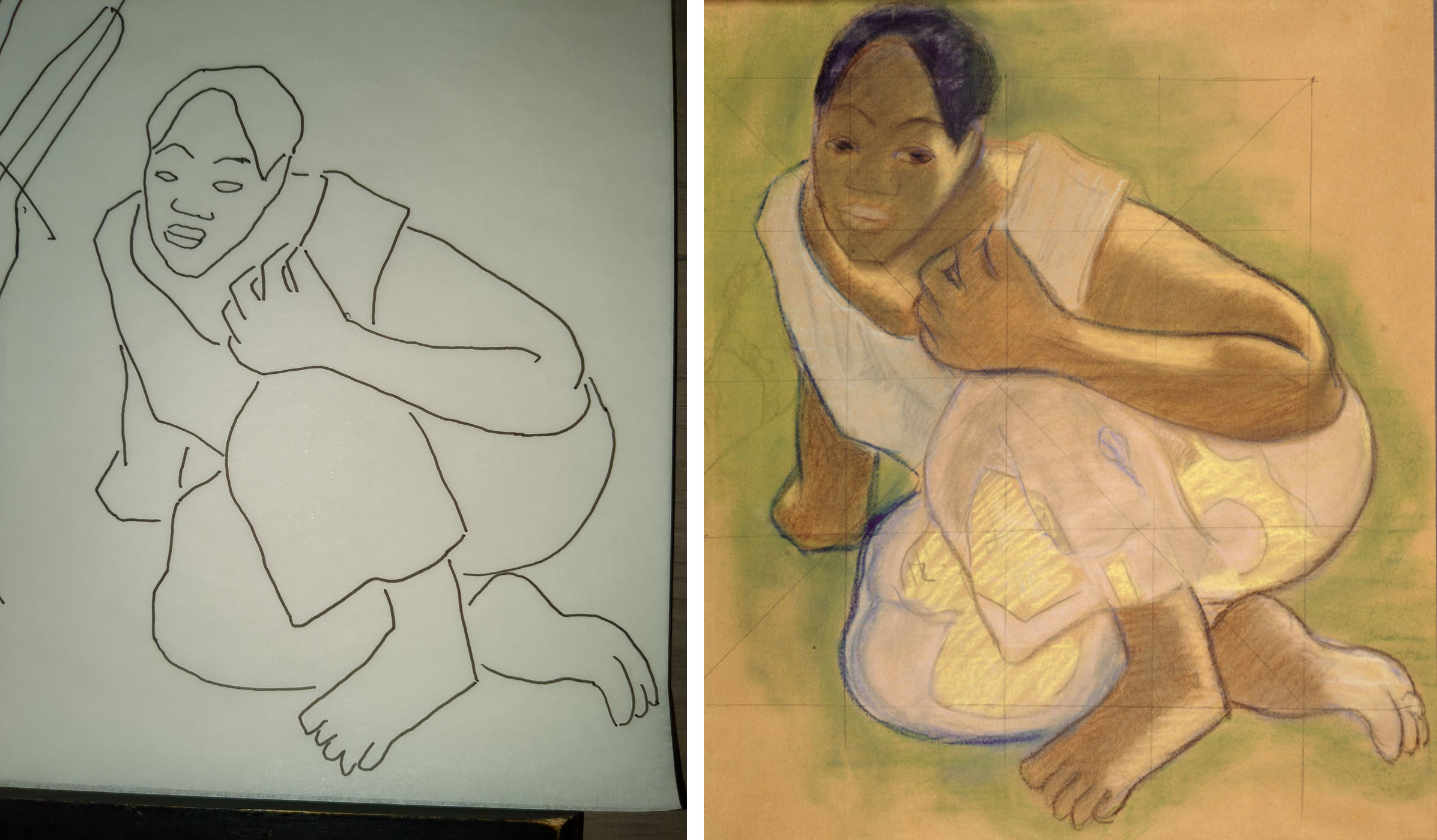 My tracing beside Gauguin's Crouching Tahitian Woman