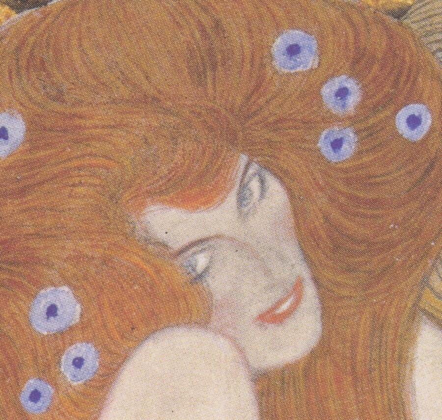 Detail of Klimt's Beethovenfries, the face of a red-haired woman with blue flowers in her hair, looking sideways