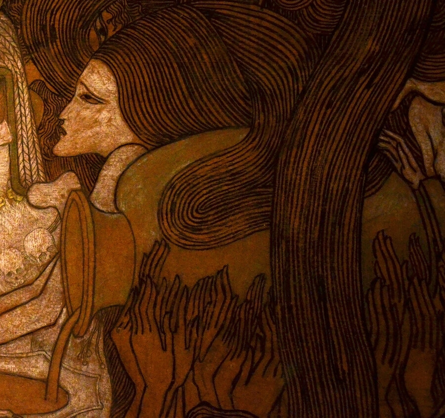 Detail of Jan Toorop's De drie bruiden, a woman in profile whose hair streams out in long parallel lines