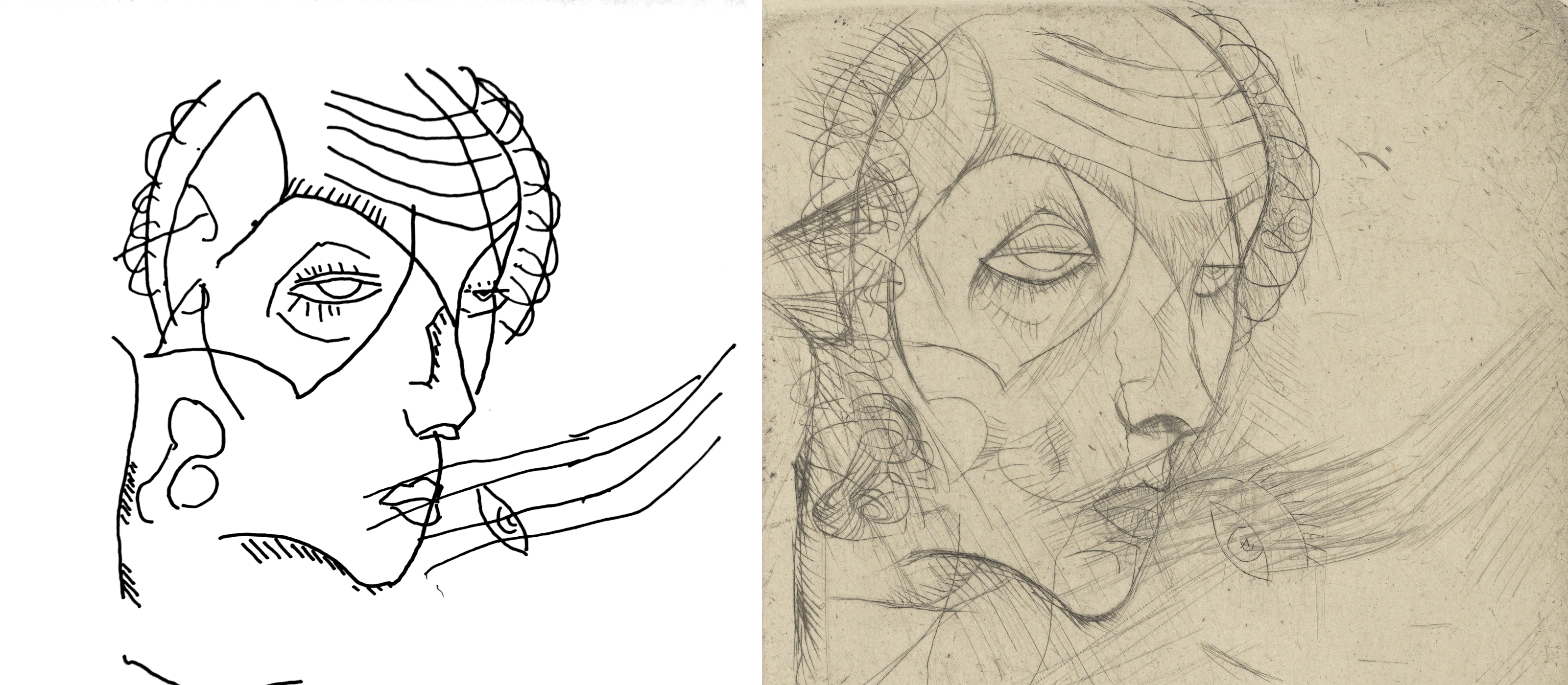 My tracing beside Schiele's 1914 drypoint Selbstbildnis