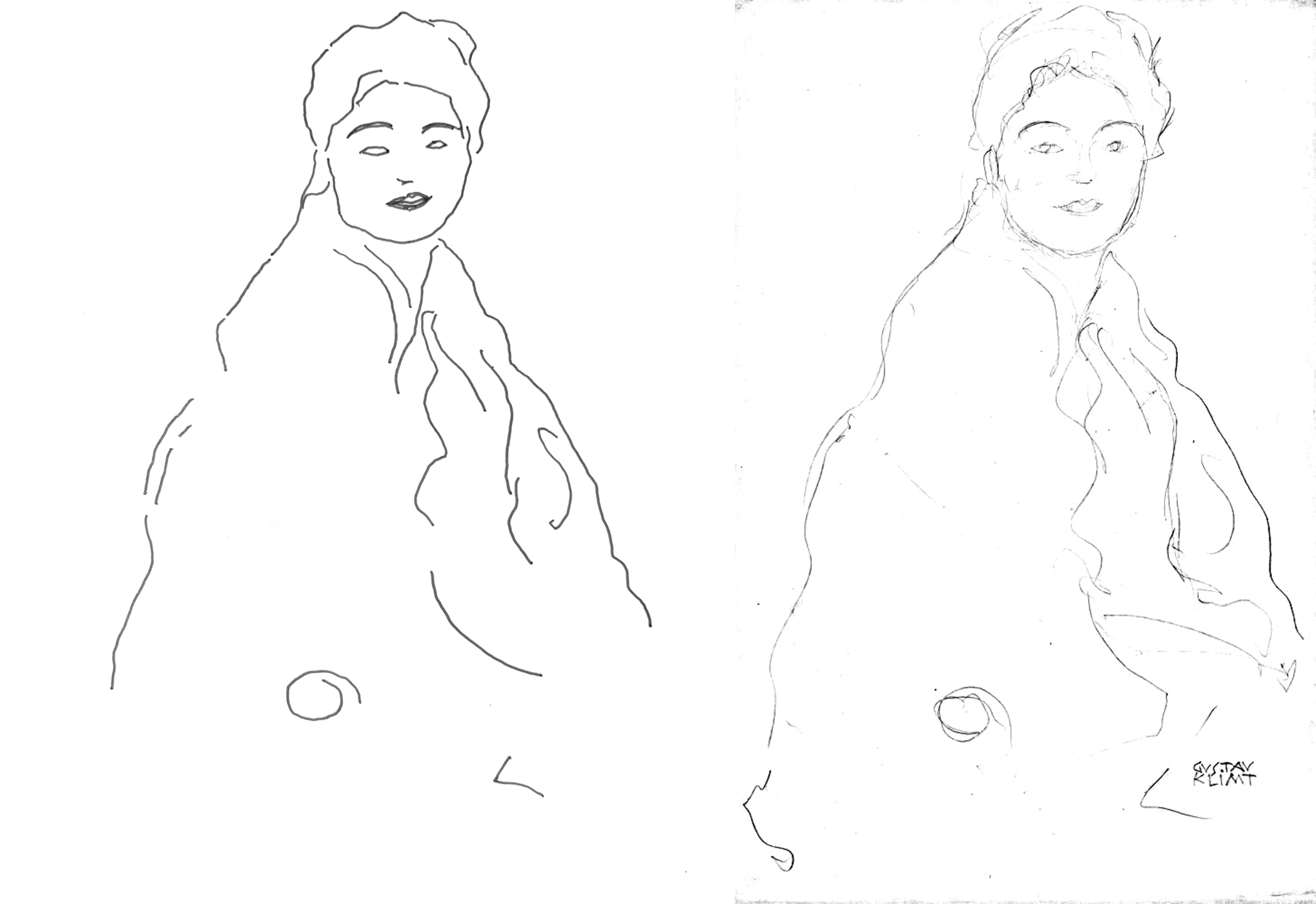 My tracing beside Klimt's Sitzend nach rechts, Halbbild (Seated Woman)