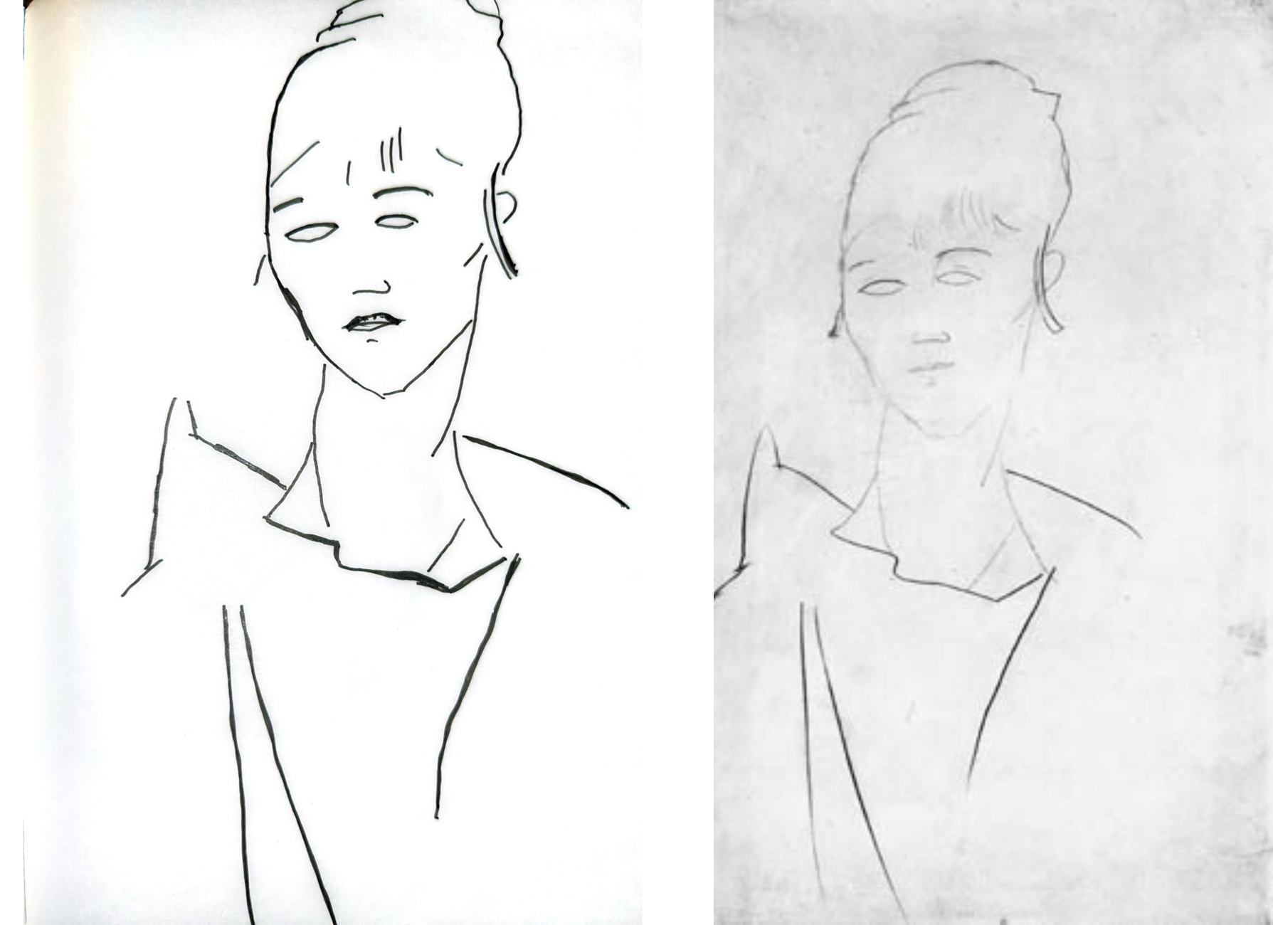 My tracing beside Modigliani's Portrait de Gabrielle Souenne