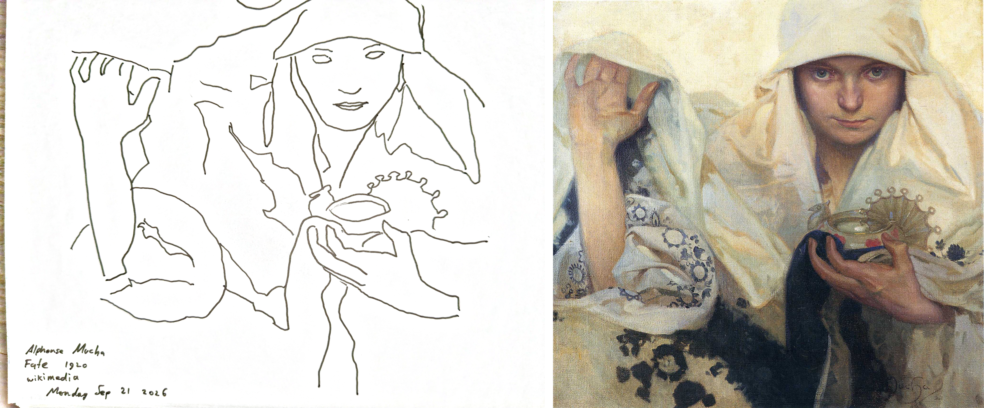 My tracing beside Alfons Mucha's Fate