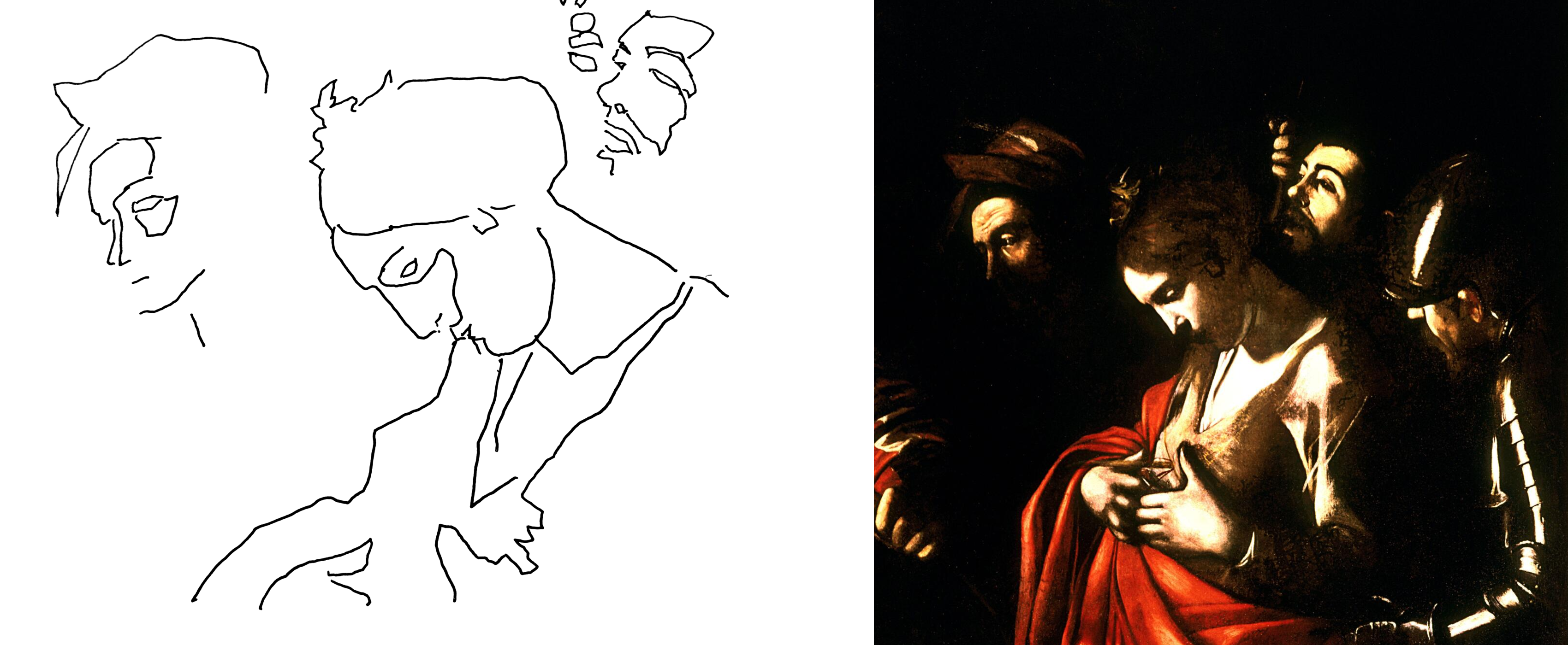 My 31 August tracing beside a detail of Caravaggio's Il martirio di sant'Orsola
