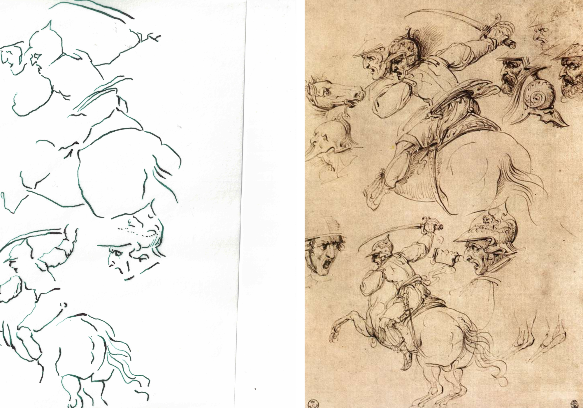 My tracing beside Leonardo's studies of horsemen for the Battaglia di Anghiari