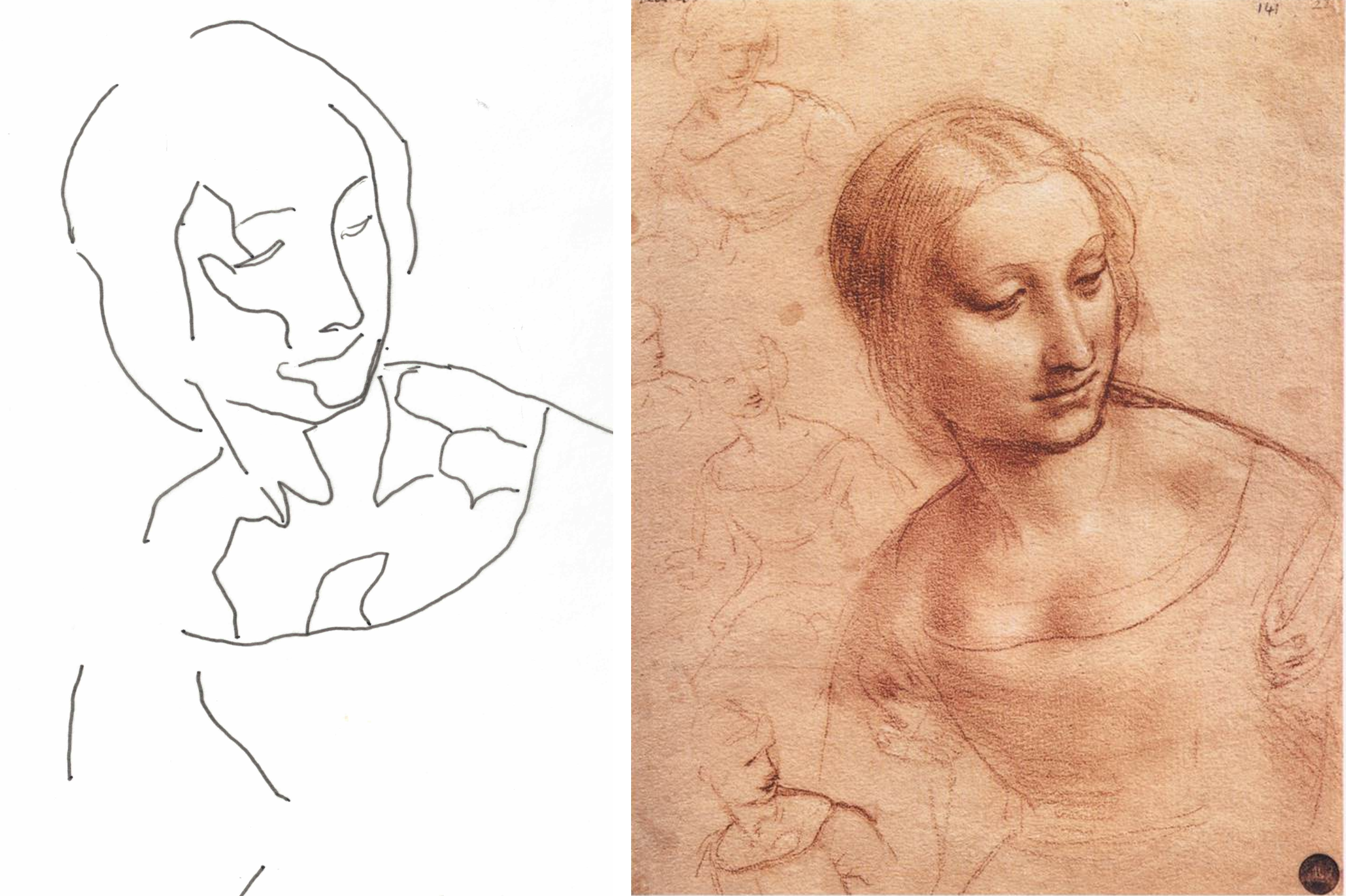 My tracing beside a study for the Madonna dei Fusi