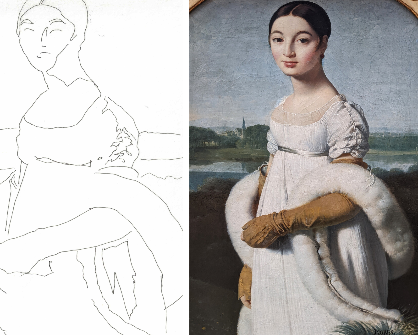 My tracing beside Ingres's Mademoiselle Caroline Rivière