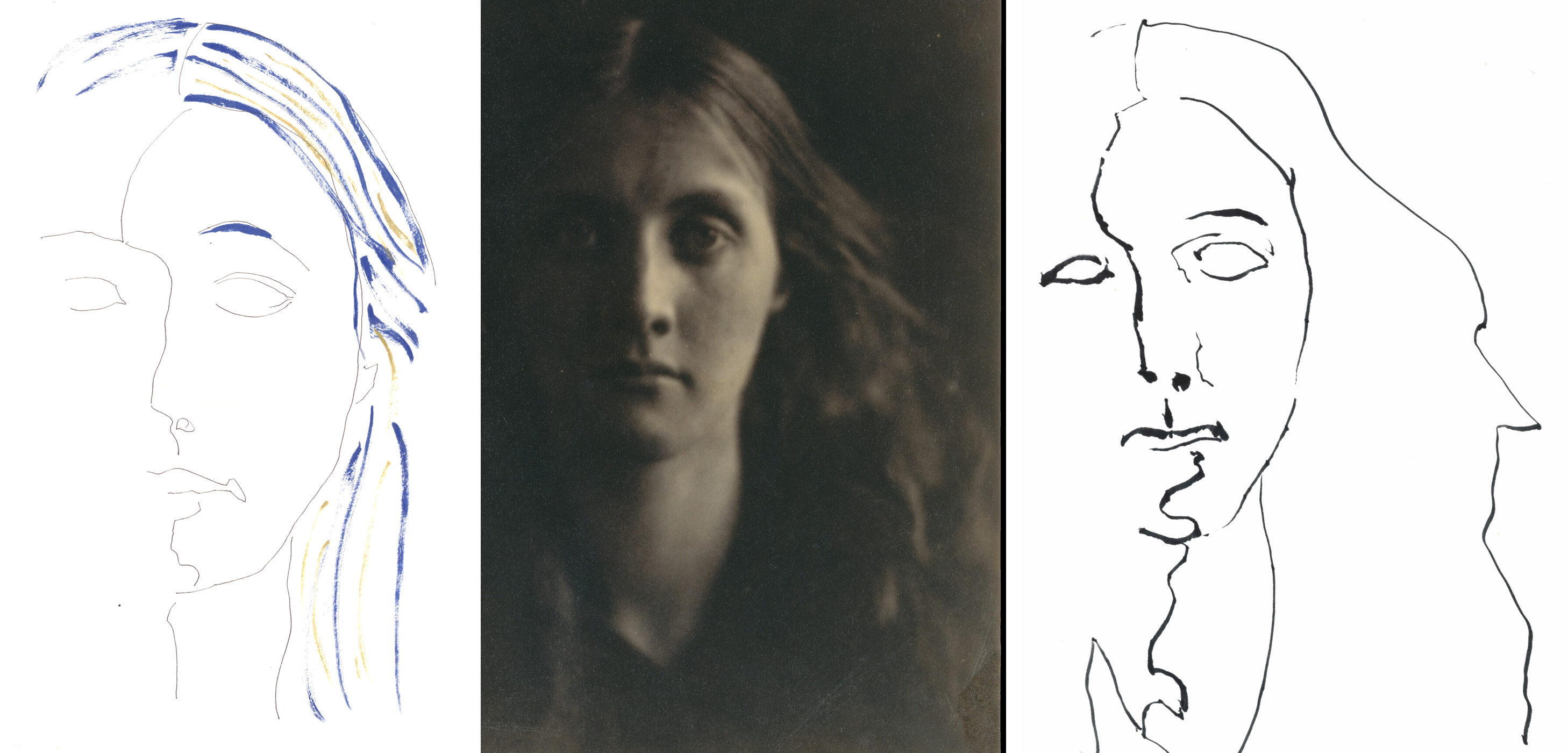 Two drawings of Julia Jackson flanking Julia Margaret Cameron's 1867 photograph