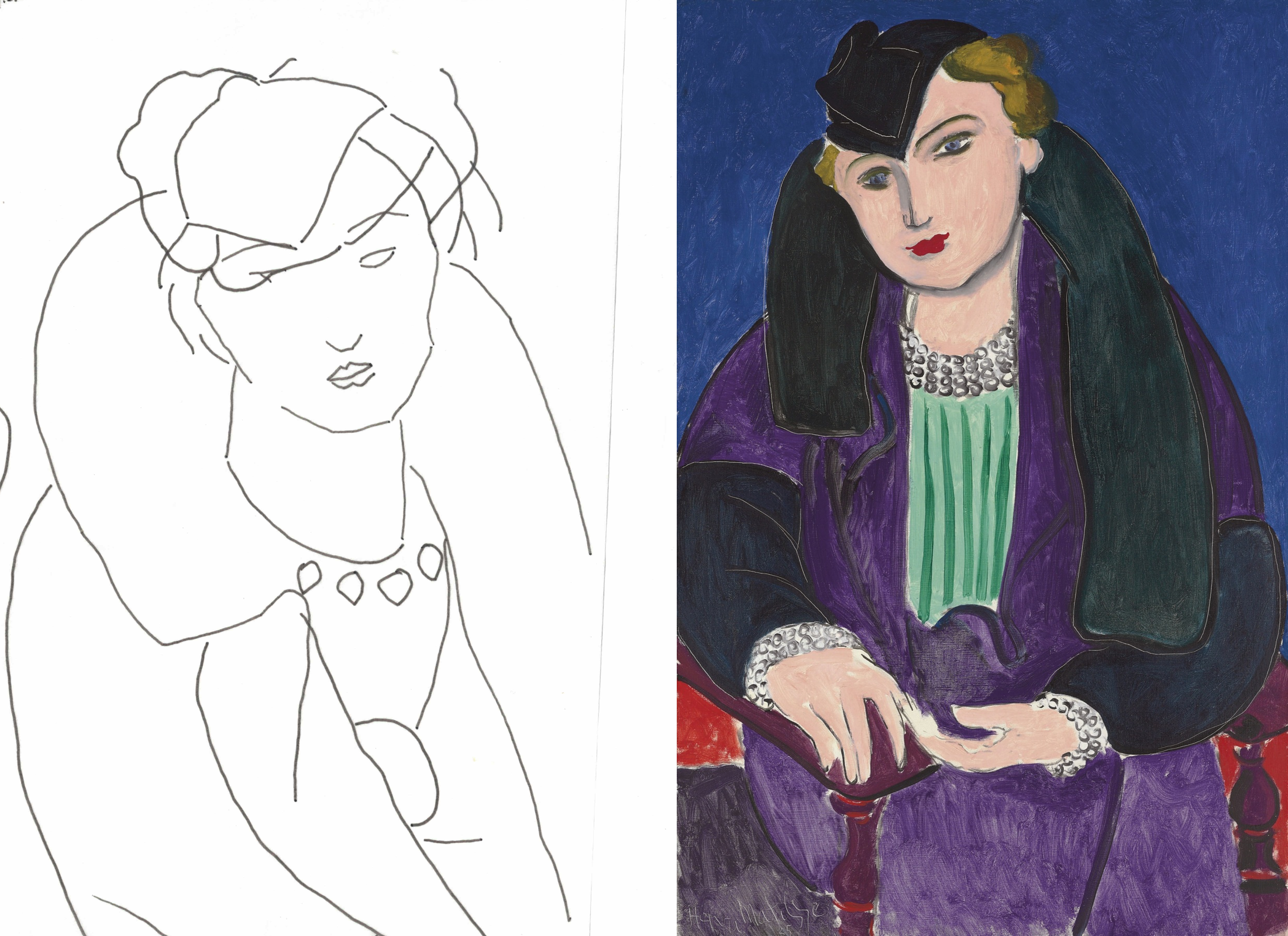 Tracing beside Matisse's finished oil, Portrait au manteau bleu, 1935