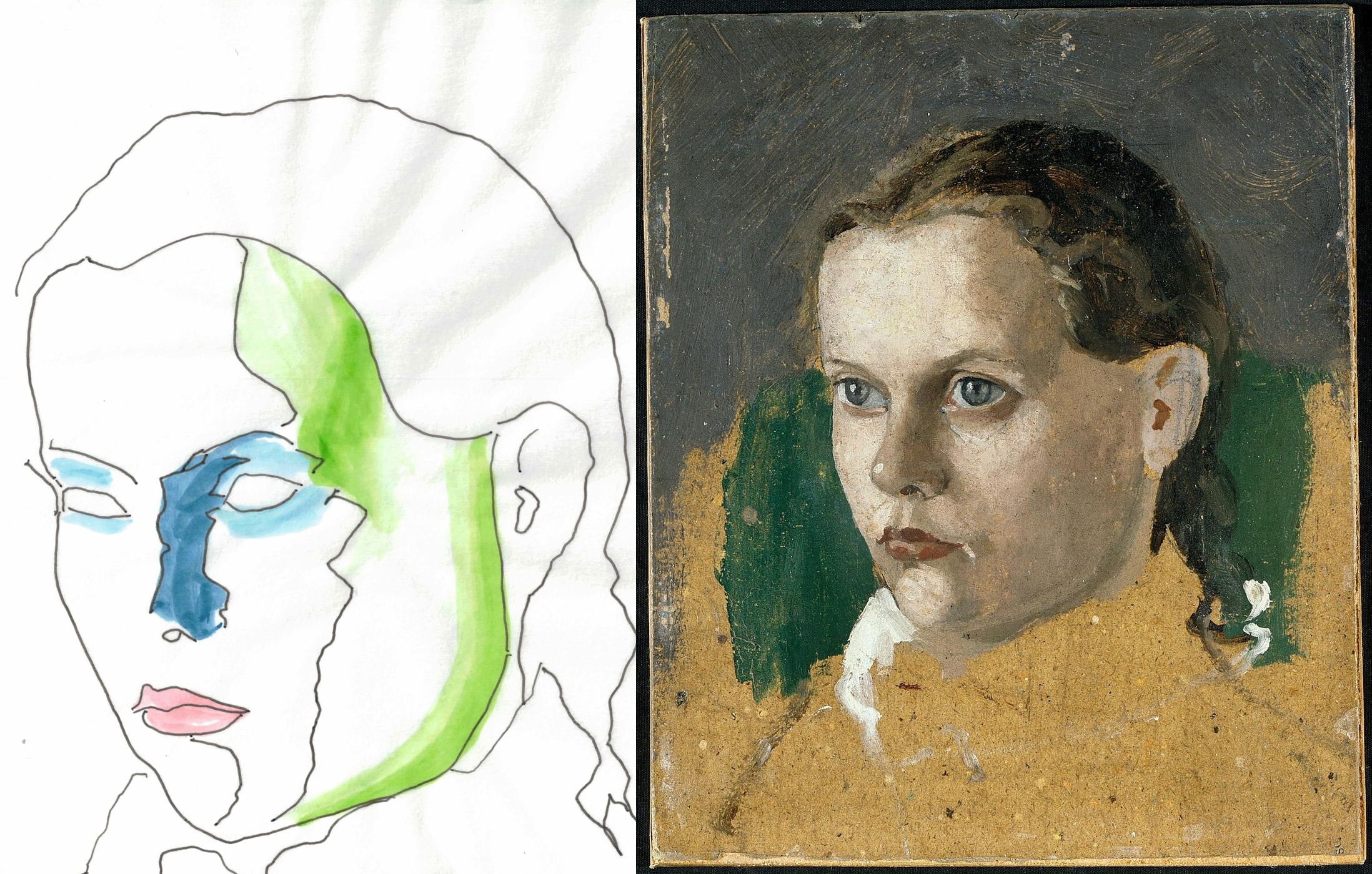 My tracing beside Munch's Laura Munch, three-quarter view