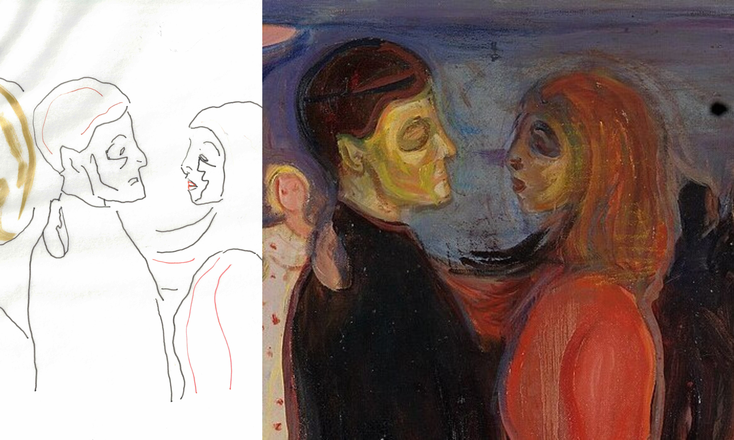 My tracing of the central couple beside their detail from Munch's The Dance of Life