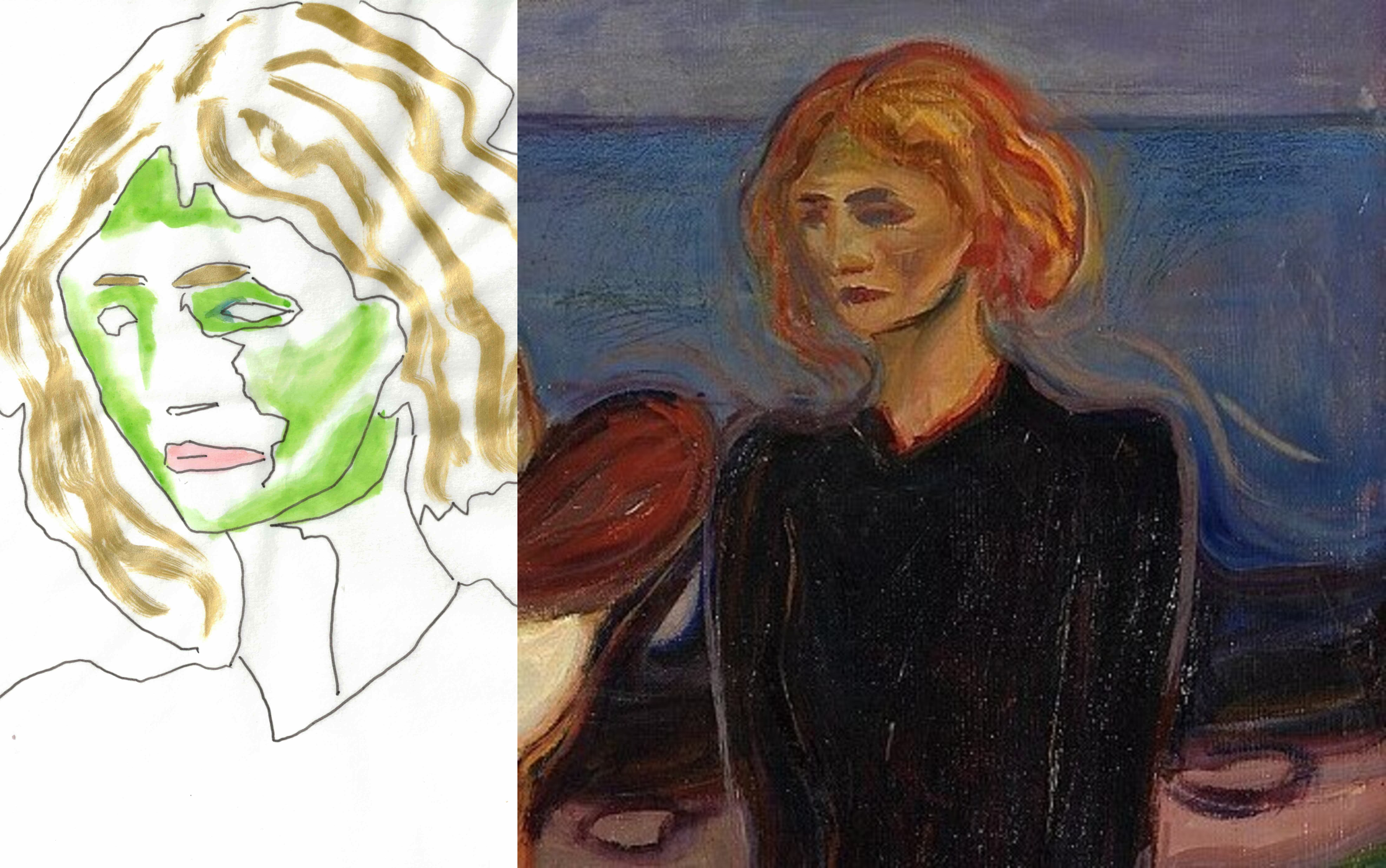 My tracing of the woman in black beside her detail from Munch's The Dance of Life