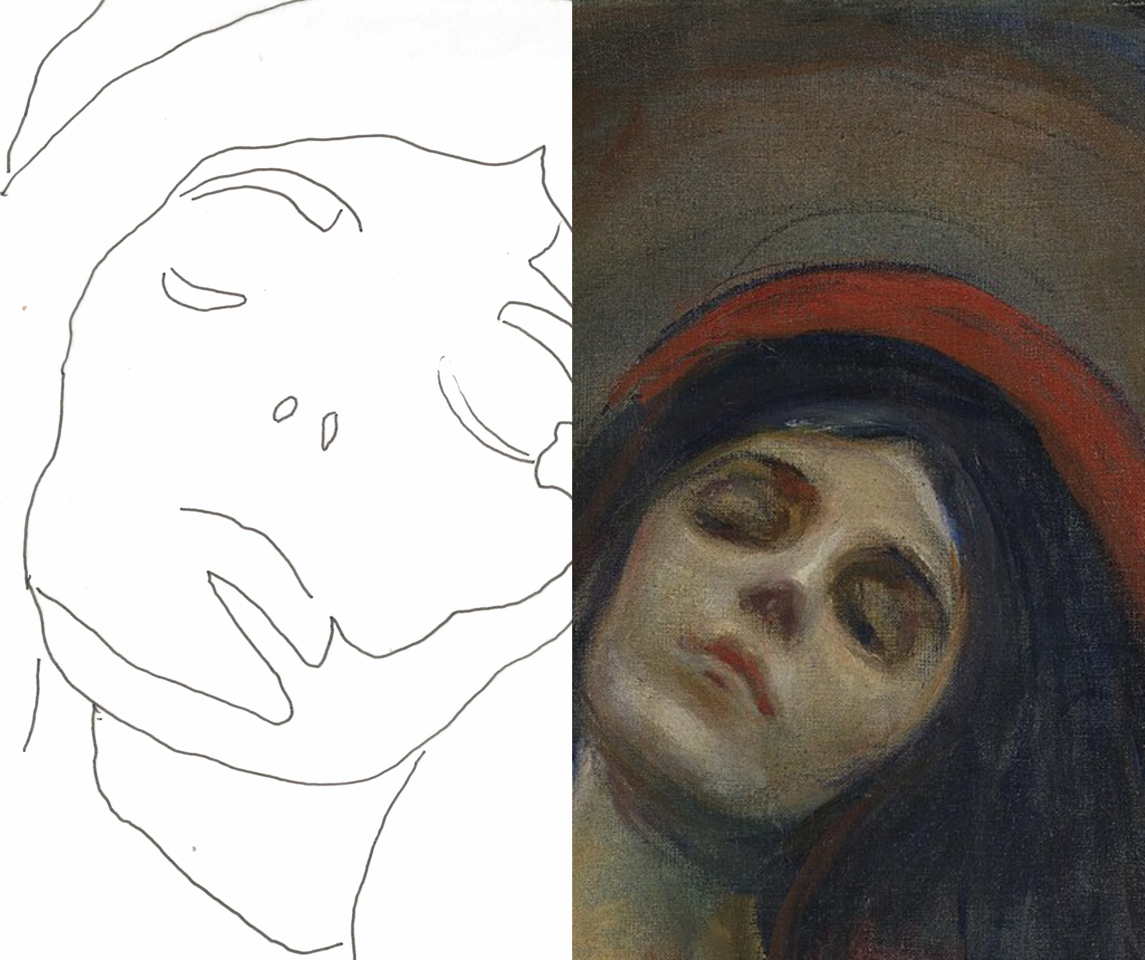 My tracing beside Munch's Madonna, cropped to the face