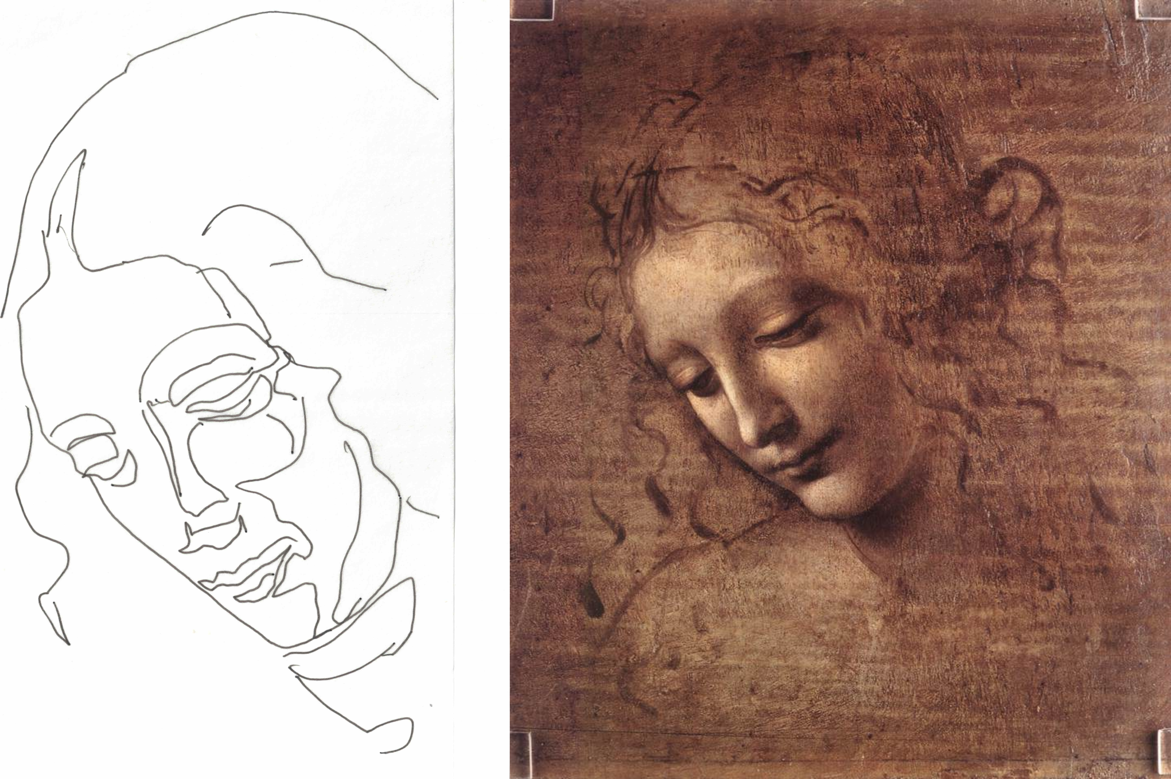My tracing beside Leonardo's La Scapigliata