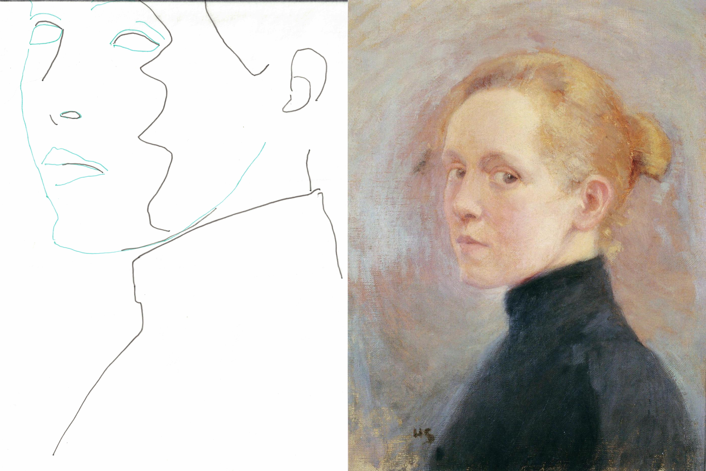 My tracing beside Schjerfbeck's 1895 self-portrait