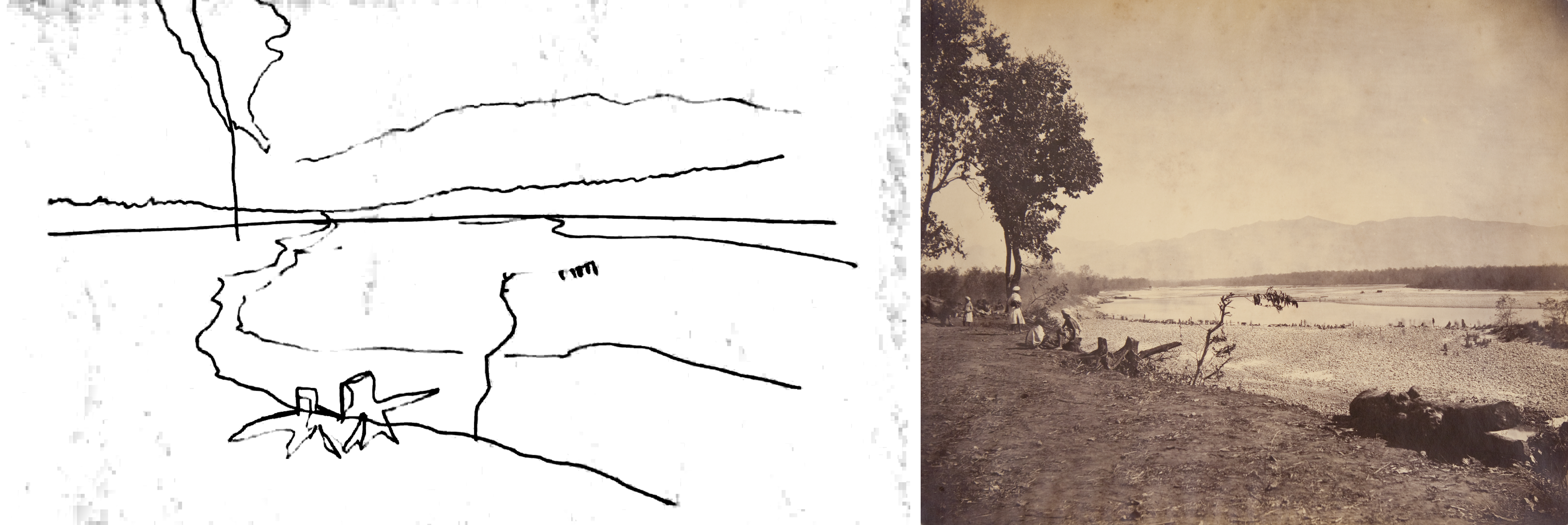 My drawing beside an 1875 photograph, "View along the river"